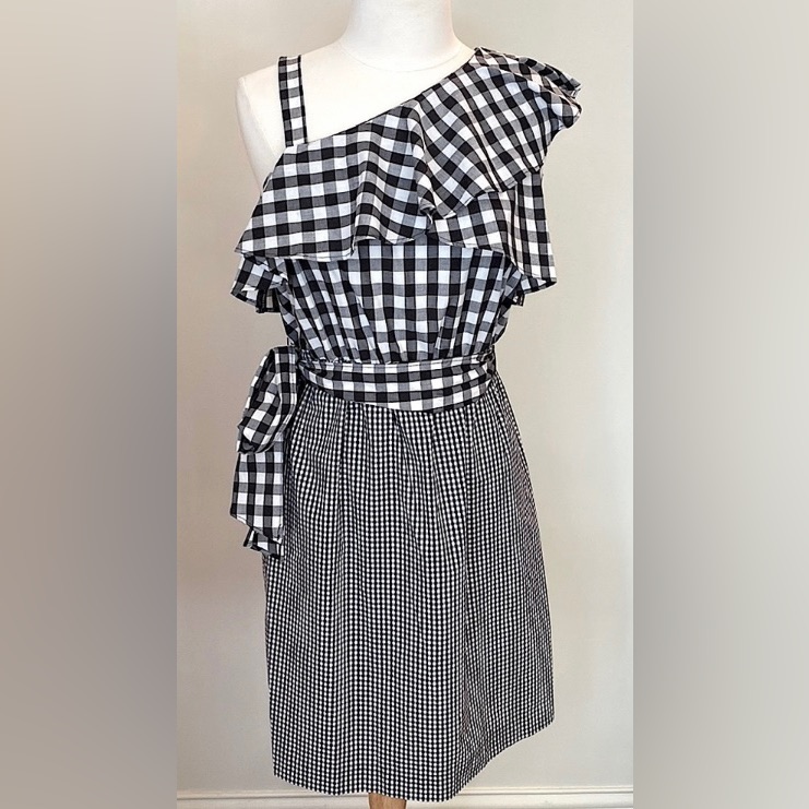 Calvin Klein Black White Gingham Sz 8 Modern Bohemian One Shoulder Ruffle Dress